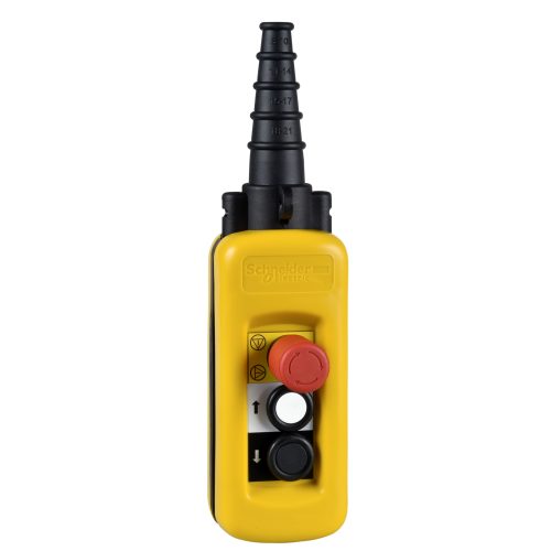 Pendant control station, Harmony XAC, plastic, yellow, 2 push buttons with 1NO, 1 emergency stop NC – XACA2713